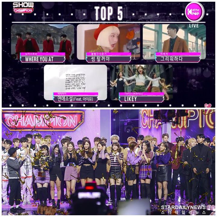 TWICE nhận chiếc cúp đầu tiên cho “LIKEY” trước NU’EST W, Bolbbalgan4, BTOB và Epik High trên Show Champion hôm nay