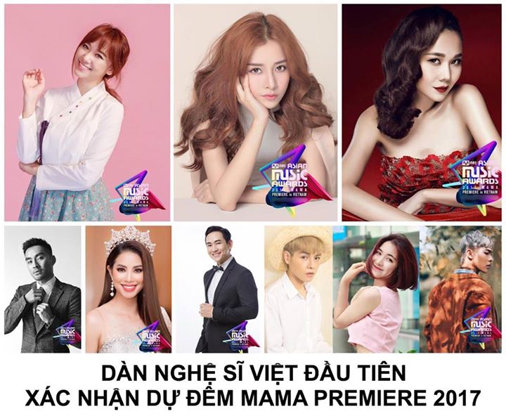 Hari Won và VJ Dustin Phúc Nguyễn sẽ đảm nhận vai trò MC kết nối với các nghệ sĩ tại khu vực thảm đỏ. Đức Phúc, Hòa Minzy và Erik xác nhận biểu diễn trong chương trình. Ngoài ra MAMA 2017 Premiere in Viet Nam còn có sự góp mặt của Chi Pu, hoa hậu Phạm Hươ