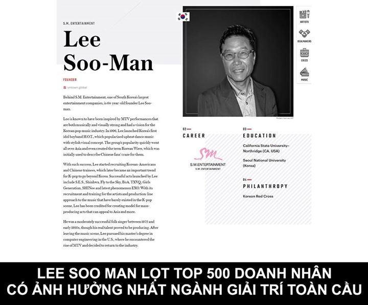 &ldquo;Variety 500&rdquo; l&agrave; dữ liệu thống k&ecirc; h&agrave;ng năm nhằm vinh danh 500 doanh nh&acirc;n c&oacute; ảnh hưởng nhất thị trường giải tr&iacute; to&agrave;n cầu trong 17 lĩnh vực kh&aacute;c nhau. Nh&agrave; s&aacute;ng lập SM Entertainment Lee Soo Man l&agrave; một trong những c&aacute;i t&ecirc;n lọt v&agrave;o danh s&aacute;ch &lsquo;Những nh&agrave; quản trị