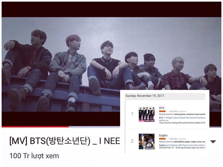 Sau màn trình diễn ‘DNA’ ở AMAs, “BTS” là cụm từ được tìm kiếm nhiều nhất trên Google Mỹ với hơn 1 triệu lượt search bên cạnh những từ khoá liên quan như ‘Selena Gomez’ và ‘American Music Awards 2017’. Ngoài ra BTS còn đón song hỉ lâm môn khi rạng sáng na