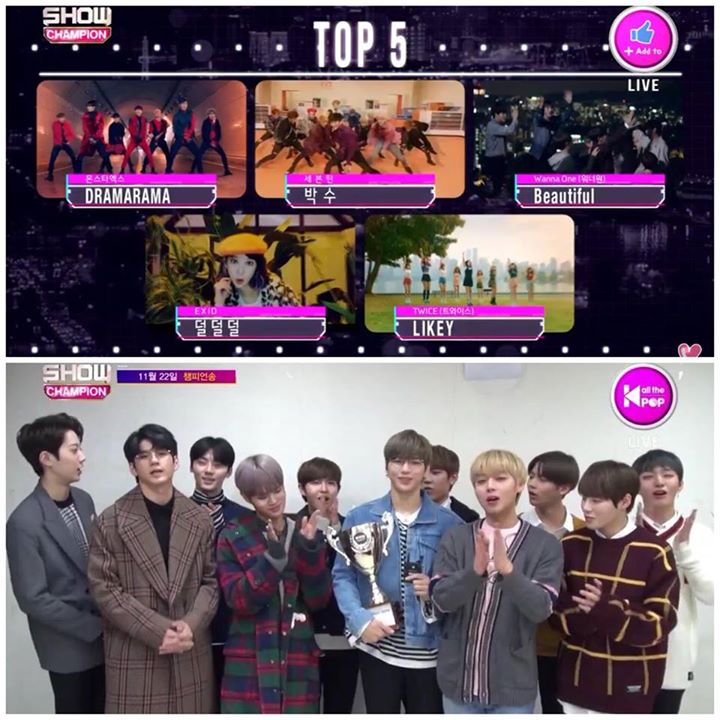 WANNA ONE nhận chiếc cúp đầu tiên cho “Beautiful” trên Show Champion. Các vị trí còn lại ở Top 4 là MONSTA X, SEVENTEEN, EXID và TWICE 