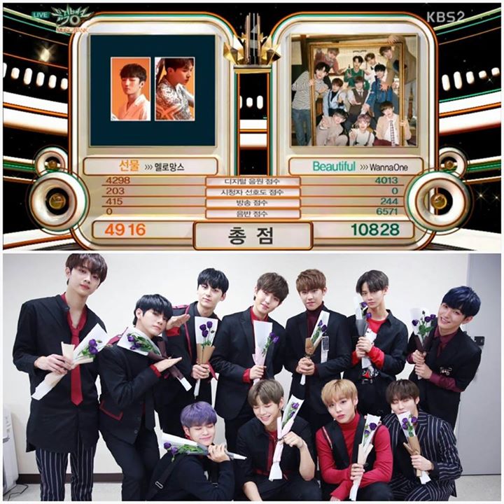 “Beautiful” của WANNA ONE đã dành cúp trên Music Bank tuần này trước “Gift” của Melomance. Nhóm đang trên đường sang Việt Nam dự MAMA. 