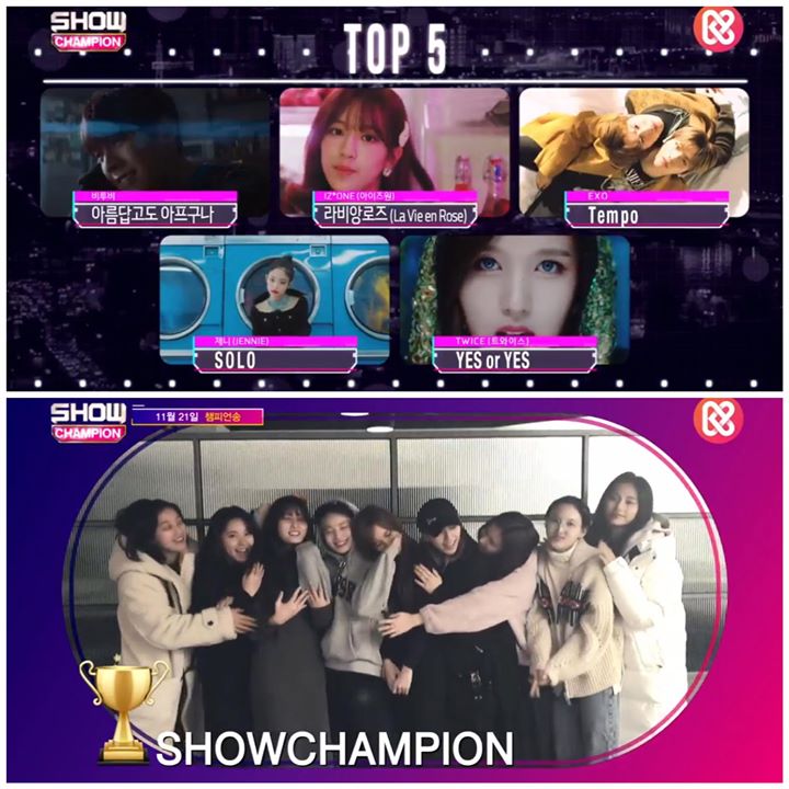 Show Champion thông báo TWICE đã ẵm cúp tuần này trước Top 4 là BTOB, IZ*ONE, EXO và BLACKPINK Jennie. Show hoãn phát sóng để chiếu tập đặc biệt về Lễ trao giải MGA 2018