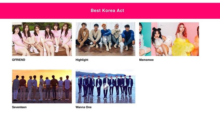 GFRIEND, HIGHLIGHT, MAMAMOO, SEVENTEEN và WANNA ONE được đề cử tại hạng mục Best Korea Act của MTV EMAs 2017 (European Music Awards) diễn ra tại London vào tháng 11 năm nay.