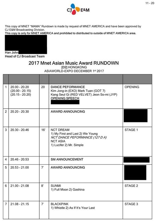 Xuất hiện thêm 1 bản setlist MAMA 2017 tại Hồng Kông, được cho là leak từ staff. Chưa rõ tính xác thực.