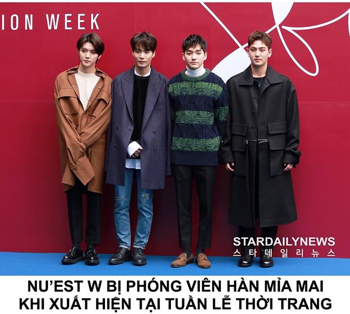 Trong đoạn video ghi lại cảnh các thành viên NU'EST W sải bước trên thảm xanh Tuần lễ thời trang Seoul 2017, các fan đã nghe rõ tiếng thì thầm từ phía các phóng viên: “Có bao nhiêu người đến vậy? 1,2,3,4 đỉnh thật”, “Cả 4 người cùng đến cơ đấy", “Họ đúng 