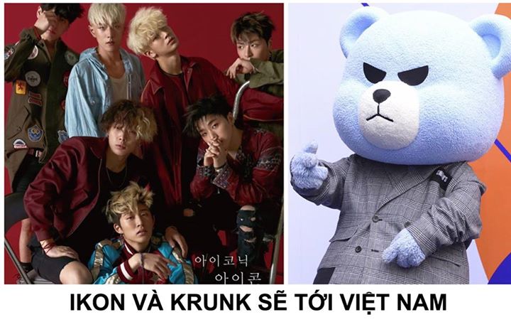 iKON và KRUNK vừa được Văn phòng Đại diện Cơ quan xúc tiến Thương mại Hàn Quốc (KOTRA) chọn làm Đại sứ thiện chí và sẽ có mặt tại Thành phố Hồ Chí Minh để tham gia sự kiện Hội chợ làn sóng Hàn từ ngày 8-10/11 sắp tới.