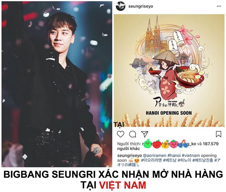 Ngày 23/10 BIGBANG Seungri thông báo chuẩn bị khai trương chi nhánh tiếp theo của chuỗi tiệm mỳ nổi tiếng Aori Ramen tại Hà Nội, Việt Nam. Nhiều khả năng anh kết hợp với người bạn thân Denis Đỗ trong dự án lần này. Các fan đang hi vọng được gặp Seungri vì