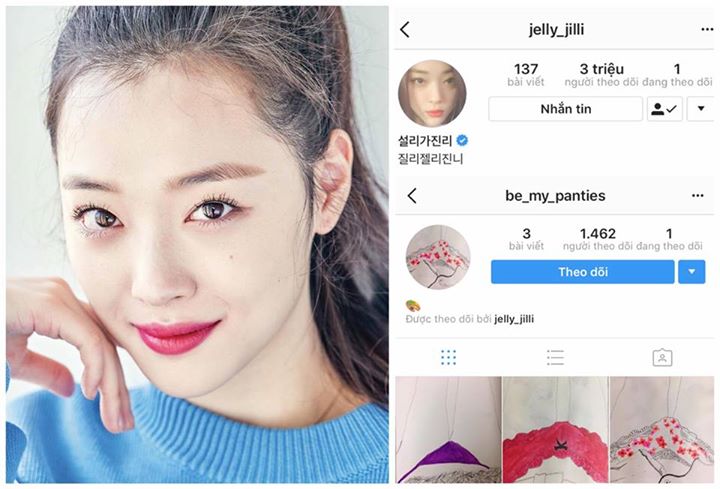 Có 3 triệu follower trên Instagram nhưng mới đây Sulli chỉ vừa bấm theo dõi duy nhất một tài khoản mang tên "be_my_panties" (hãy trở thành quần lót của tôi) với toàn những bức hình đồ nội y. Nhiều người tin rằng đây là tài khoản của Sulli chuyên để đăng t