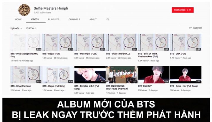 Sáng nay bản audio một loạt các ca khúc trong album "Love Yourself: Her" của BTS đã bị hacker tung lên Youtube. Lập tức các fan kêu gọi mọi người report và không bấm vào nghe thử cho tới khi có bản chính thức. Hiện các đường link đã được gỡ xuống do vi ph