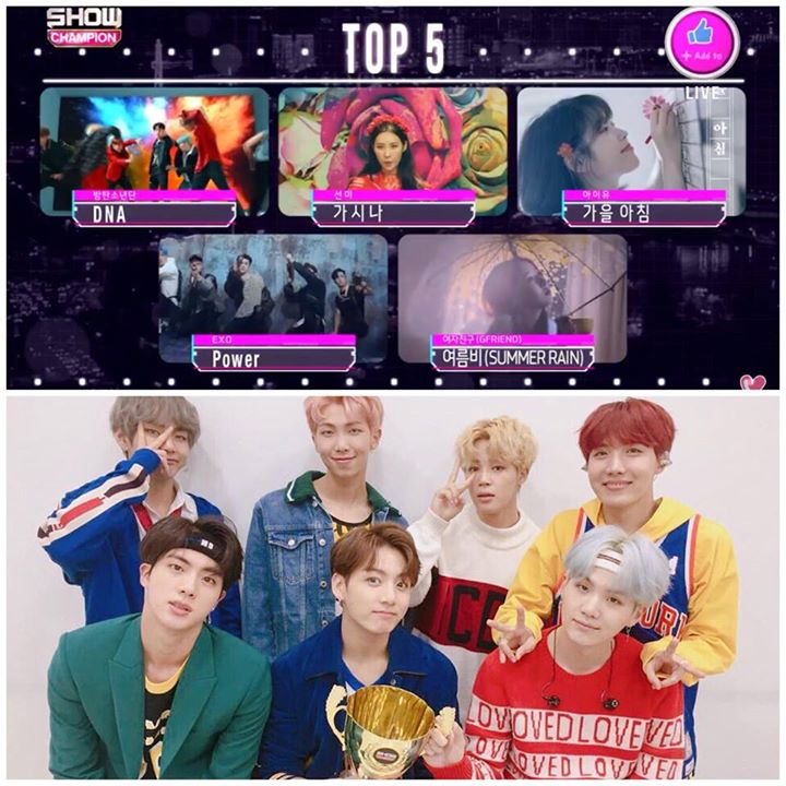 BTS đã thắng cúp Show Champion hôm nay trước Sunmi “Gashina”, IU “Autumn Morning”, “EXO “Power” và GFRIEND “Summer Rain”