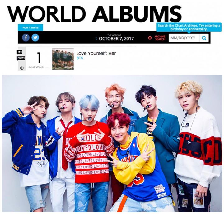 "LOVE YOURSELF 承 Her" của BTS đã đứng đầu BXH World Albums của Billboard tuần này, No.6 BXH Top Album Sales và No.3 ở các BXH Digital Albums, Independent Albums và Canadian Albums. BTS cũng vươn lên No.5 BXH Artist 100. Hiện nhóm vẫn tiếp tục trụ vững ở N