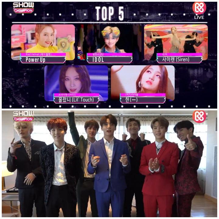 “Idol” của BTS một lần nữa ôm cúp Show Champion trước các đề cử gồm Red Velvet “Power Up”, Sunmi “Siren”,  Oh!GG “Lil’ Touch và (G)I-DLE “Hann”