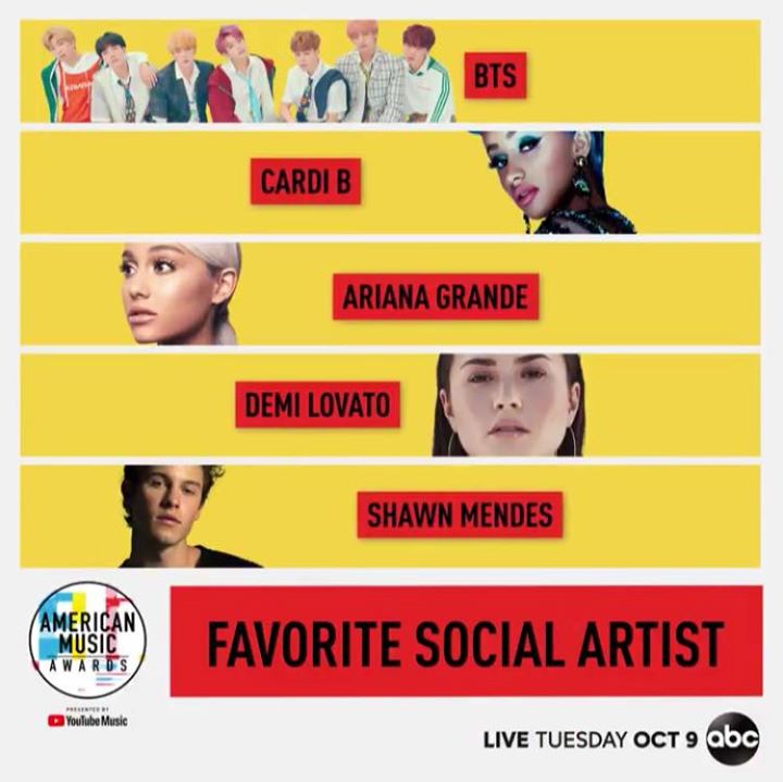 BTS được đề cử hạng mục Favorite Social Artist tại Lễ trao giải American Music Awards 2018 cùng với Cardi B, Ariana Grande, Demi Lovato và Shawn Mendes. 