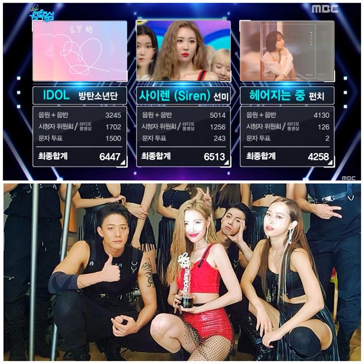 Chiếc cúp thứ 5 của Sunmi cho “Siren” trước “Idol” của BTS và “Good Bye” của Punch trên Music Core 